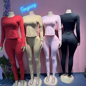 2026 Neues Frühling-Herbst Casual 2-Teiliges Set für Damen Outfit Einfarbig Rundhals Langarm Crop Top Passende Leggings Hose - Product Image 3