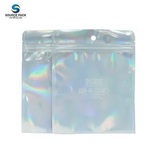 Personnalisé trois thermoscellés feuille d'aluminium fermeture à glissière emballage en plastique laser hologramme sacs avec trou