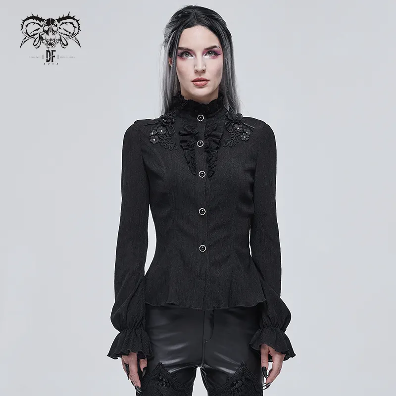 SHT07601 Autumn 3D flowers appliqued shoulder lace small stand collar black gothic striped elegant women blouse and shirts