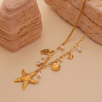 Collier pendentif Mingxi plaqué or 18 carats PVD, tortue, étoile de mer, coquillage, imitation perle, pour femme, chaîne à maillons en acier inoxydable, tendance océan