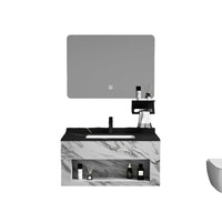 Miroir LED mural personnalisé, lavabo en pierre, table de toilette en PVC, meuble-lavabo pour hôtel et appartement