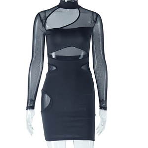 Women's Solid Color Sexy Hollow Mesh Splicing Wrap <b>Hip</b> Dresses Fashion - Product Image 4