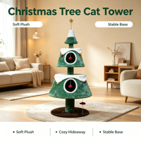 Arbre à chat multi-niveaux en forme de sapin de Noël, maison pour chat en peluche avec griffoir et jouet suspendu