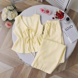 Traje de Verano de Color Sólido a Rayas, Chaleco Informal con Cordones, Pantalones Holgados de Color Sólido con Cordones, Traje Informal y Dulce - Product Image 2