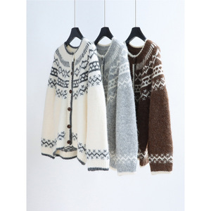 Cárdigan grueso de jacquard Fair Isle, suéter de invierno nórdico retro, chaqueta de punto, cuello redondo, top informal holgado - Product Image 1