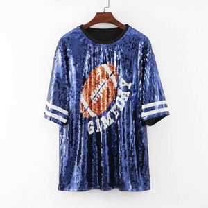 Robe T-shirt à paillettes pour femme, pour le jour du match de football, robe sexy à paillettes, bleu marine et blanc - Product Image 2