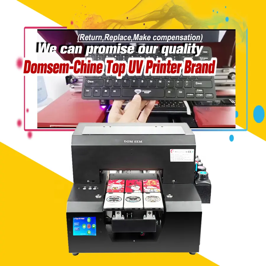 DOMSEM เครื่องพิมพ์เคสโทรศัพท์,เครื่องพิมพ์ดิจิทัลมัลติฟังก์ชั่นไม้แก้ว A4เครื่องพิมพ์สี UV Flatbed 6สี