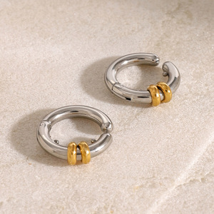 <b>Clip</b>-on Earrings Stainless Steel Gold <b>Silver</b> Color-blocked Geometric Round Design Fashion Jewelry Gift - Product Image 3
