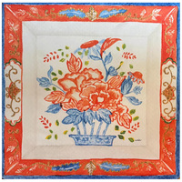 Tapis de Mahjong Chinoiserie à Motifs Floraux, Imprimé Pivoine Rouge Orange et Porcelaine Bleue, Antidérapant en Caoutchouc, Tapis de Mahjong Américain 31,5 Pouces
