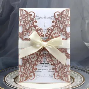 Benutzer definierte machen Farben Glitter Hochzeits karte Lasers ch neiden Hochzeits einladung Abdeckung mit Band