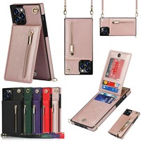 Étui à fermeture éclair pour femme, compatible avec les modèles 15/15 Pro/15 Plus/16/16 Pro/16 Plus/16 Pro Max/17 Pro Max - Cuir + TPU, fonction portefeuille
