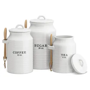 Recipiente de cerámica de calidad alimentaria con cuchara de madera, botes de té, café, azúcar, recipiente de cerámica rústico de cerámica lisa