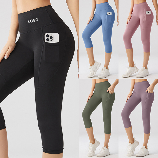High Waist Nylon Fitness Pants Side Phone Pocket Custom Yoga Leggings Gym Workouts Tummy Control Outdoor Fitness Wholesale