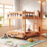 Casa de autobús de dos pisos de madera maciza, tienda de campaña, litera para niños con luz LED
