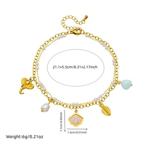 Fashionable Double Layer Anklet With <b>Shell</b> Pearl Elephant Leaf Pendant Stainless Steel Women's Foot <b>Ornament</b> - Product Image 4