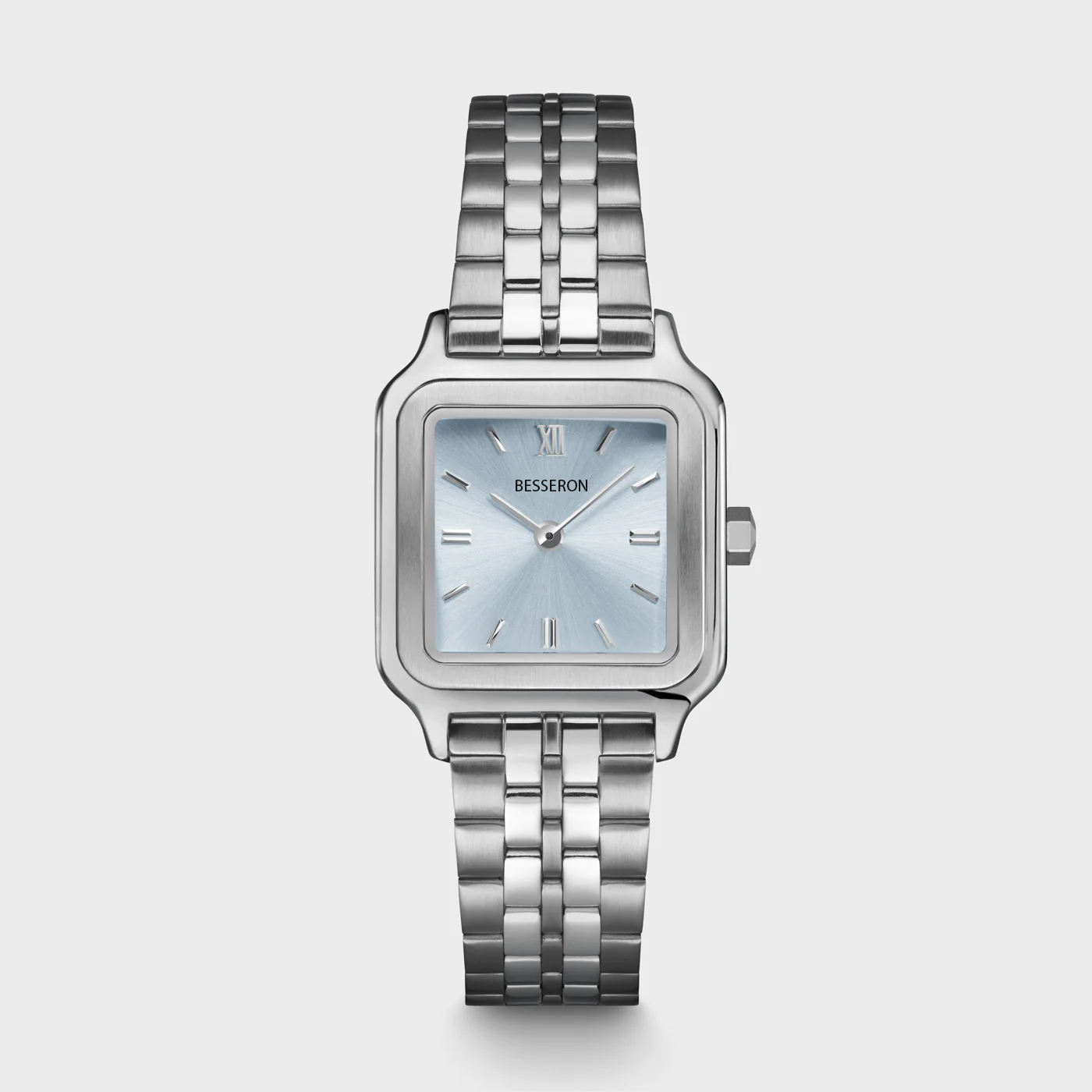 silver case light blue watch
