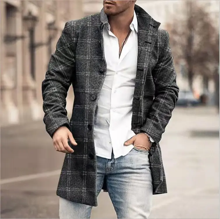 New Autumn And Winter Casual Plaid Full-length Woolen Coat Trench Wool Overcoat For Men