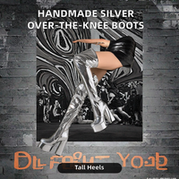 Bottes hautes en argent pour femmes faites à la main, talons hauts de 14,5 cm, bottes à talons bloc, chaussures de mode de haute qualité, chaussures pour femmes, escarpins grande taille pour femmes