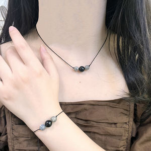 Retro Empath Protection 2PCs Pulsera y collar Conjunto de joyas con labradorita natural y cuentas de obsidiana negra trenzada - Product Image 1