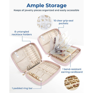 D5529 Organizador con cremallera para pendientes, <span class=keywords><strong>anillos</strong></span> y pulseras, estuche <span class=keywords><strong>de</strong></span> viaje para collares y joyas, <span class=keywords><strong>libro</strong></span> <span class=keywords><strong>de</strong></span> almacenamiento con anillas para <span class=keywords><strong>anillos</strong></span> y bolsillos transparentes - Product Image 3