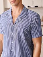 Ensemble de pyjama deux pièces à col rayé bleu, tissé en tissu doux, pour homme, vente en gros d'usine