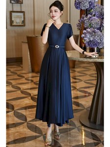 French Vintage Solid Elegant Fashion Big Swing Drapey <strong>Temperament</strong> Women's Waist Slimming Short Sleeve High-end Summer Long Skirt - Product Image 4