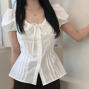 Age-reducing <b>teenage</b> girl style pleated waistband short-sleeved shirt pure and sexy hot girl style versatile <b>top</b> - Product Image 3