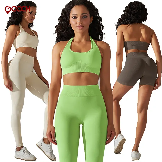 Pakaian dalam olahraga wanita, set 2 potong Bra Halter pengencang dan Bra kebugaran Yoga dengan bantalan dada mulus untuk lari