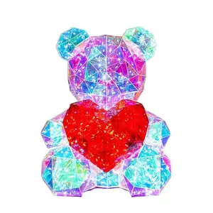 2024 Teddy Bear LED Light Table Lamp Colorful PET Holographic Film Birthday Party Decoration 30CM Birthday Gift