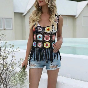Nouvel Arrivage 2026 – <span class=keywords><strong>Gilet</strong></span> Court Femme d'Été <span class=keywords><strong>au</strong></span> <span class=keywords><strong>Crochet</strong></span> Main Motif <span class=keywords><strong>Granny</strong></span> Square avec Pompons - Product Image 2