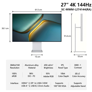 Moniteur haute définition TCOLOR <span class=keywords><strong>27</strong></span> pouces, résolution 4K, écran plat, multifonctionnel, connexion <span class=keywords><strong>USB</strong></span> <span class=keywords><strong>C</strong></span>, ordinateur portable, affichage de bureau - Product Image 2