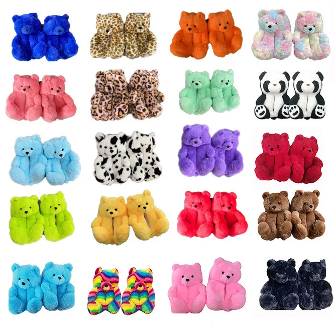 Pantoufles en stock bon marché en peluche ours en peluche chaussures de chambre en fourrure véritable pantoufles en peluche ours en peluche pour l'hiver adulte enfant femmes