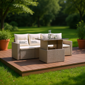 Ensemble de canapés de jardin en rotin beige avec coussins en mousse haute densité, mobilier d'extérieur au design contemporain, résistant à l'eau et aux UV - Product Image 2