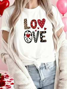 T-shirt da donna taglie forti con stampa a cuori, a pois e a righe, casual, primavera estate, girocollo, in jersey di cotone, per San Valentino - Product Image 3