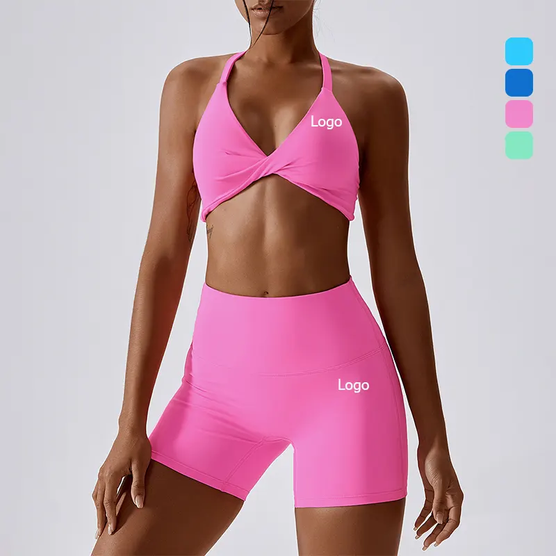 FS603# Spring Suits 2023 Gym Wear Nylon Workout Clothing Leggings Biker Yoga Athletic Short Women Sexy Sports Bra And Shorts Set