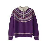 Pull-over en cachemire ample vintage pour femme, motif floral Fair Isle, col roulé semi-zippé, décontracté, automne, ODM, faible MOQ