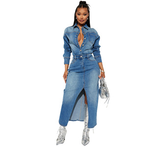 Wholesale New Spring Vintage Tight Waist Denim <strong>Dress</strong> Turndown Collar Button <strong>Dress</strong> Fashion Split Denim Long Denim <strong>Dresses</strong> - Product Image 2