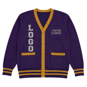 Cárdigan de Mujer al por Mayor con Logotipos Personalizados Bordados, Acrílico a Rayas, Estilo Universitario, Doble Botonadura, Cuello en V, Contraste de Color, Alta Calidad - Product Image 1