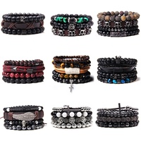 Hot Sale Naturstein Kombination Armband Set Micro Inlay Charm Ball Kreuz Boho Perlen Schädel Leder Armband Männer für den Großhandel