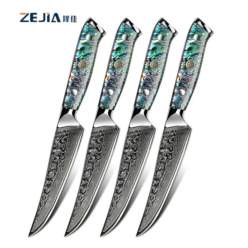 Damascus Vg 10 Steel Steak Knife Set 4 Pcs meat cutting knife Blade With Natural Abalone Shell Handle