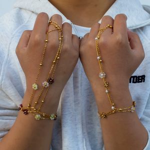 <span class=keywords><strong>Bracciale</strong></span> a catena con anello da dito in acciaio inossidabile placcato oro 18 carati, stile boho con perline e fiore, <span class=keywords><strong>bracciale</strong></span> con manico dorato - Product Image 2