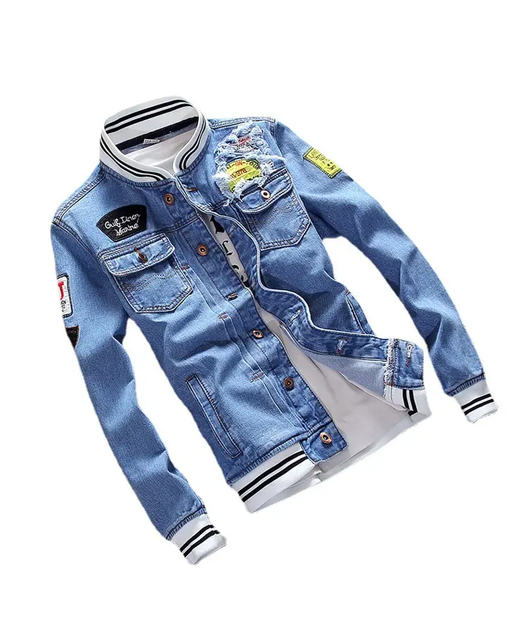 Chaqueta vaquera azul para hombre, abrigo informal, prendas de vestir, con cuello levantado, para motocicleta y vaquero, moda de otoño