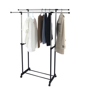 Séchoir <span class=keywords><strong>à</strong></span> linge <span class=keywords><strong>à</strong></span> double barre en métal noir, séchoir <span class=keywords><strong>à</strong></span> linge minimaliste <span class=keywords><strong>sur</strong></span> <span class=keywords><strong>roulettes</strong></span>, design élégant et gain de place pour la buanderie moderne - Product Image 6