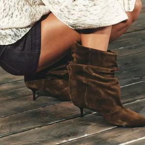2026 Autumn New Style Pleated Slouch <b>Boots</b> Women's Pointed Toe Mid-Heel Ankle <b>Boots</b> European and American Style Suede <b>Boots</b> - Product Image 1