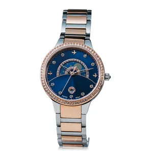New Bling Blue Diamond dial casual watch 2-Tone Rose Gold Band Diamond Watch Stainless steel material Ladies quartz watch