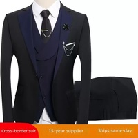 Ensemble de costume trois pièces pour homme, noir et beige, formel, pour affaires, mariage, soirée, veste, gilet, pantalon, coupe ajustée