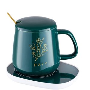 55 Degree Thermostatic Ceramic Coffee <b>Cup</b> <b>Set</b> with Lid Double-Hole Plug Heating Coaster Creative Souvenir Gift - Product Image 1