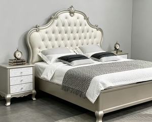Premium Queen Size Silver Finish <b>Bed</b> With Cream Diamond Tufted Ornate Carved Nailhead Headboard For Luxury Bedroom - Product Image 3