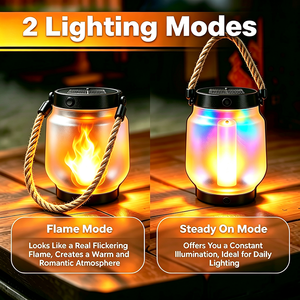 فانوس شمسي LED بتأثير اللهب المتذبذب قابل لإعادة الشحن عبر USB، مقاوم للماء IP65، وضعان للإضاءة، مصباح تخييم معلق مع مقبض من حبل القنب للحديقة والفناء - Product Image 2
