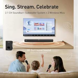 SunTrok Black Plastic <b>Soundbar</b> with <b>Subwoofer</b> 80W 2.1 Channel for Home Theater System with 2 Wireless Microphones - Product Image 2